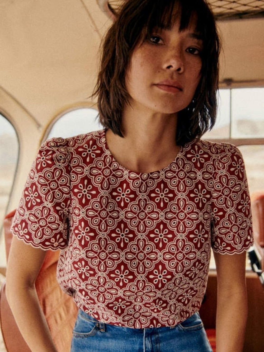 NWT Sezane Annabelle Blouse / Burgundy Ecru - Size 4